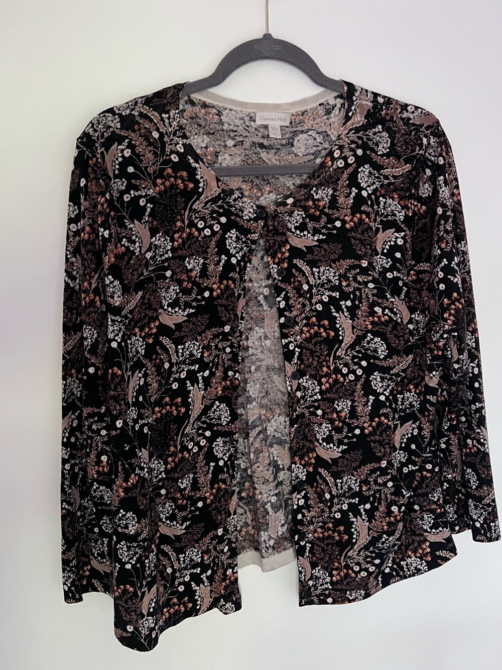 Garnet Hill 100% Merino Wool Floral Cardigan XL Black Botanical Autumnal